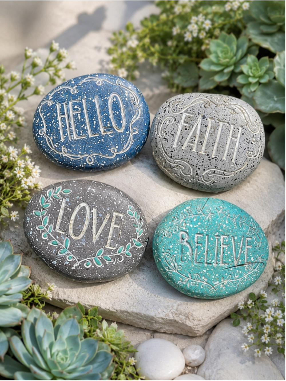 Set of 4 Inspirational Garden Stones – “Hello,” “Love,” “Believe” & “Faith” - Picture 6 of 6